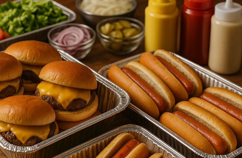 Burger & Dog Station catering package from Wilson’s Grill in Hilliard with cheeseburgers, hot dogs, fries, and condiments
