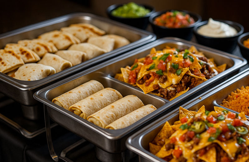 Wilson’s Grill Hilliard catering Tex-Mex Fiesta buffet side view with stainless-steel chafing dishes of quesadillas, burritos, loaded nachos, and cilantro-topped fiesta rice