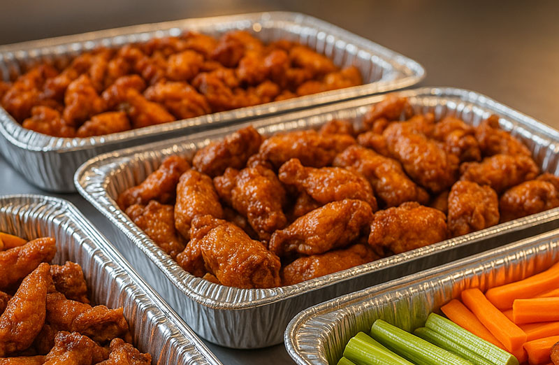 Wilson’s Grill Hilliard catering wing platter in disposable aluminum pans with bone-in and boneless wings, celery sticks, carrot sticks, and dipping sauces